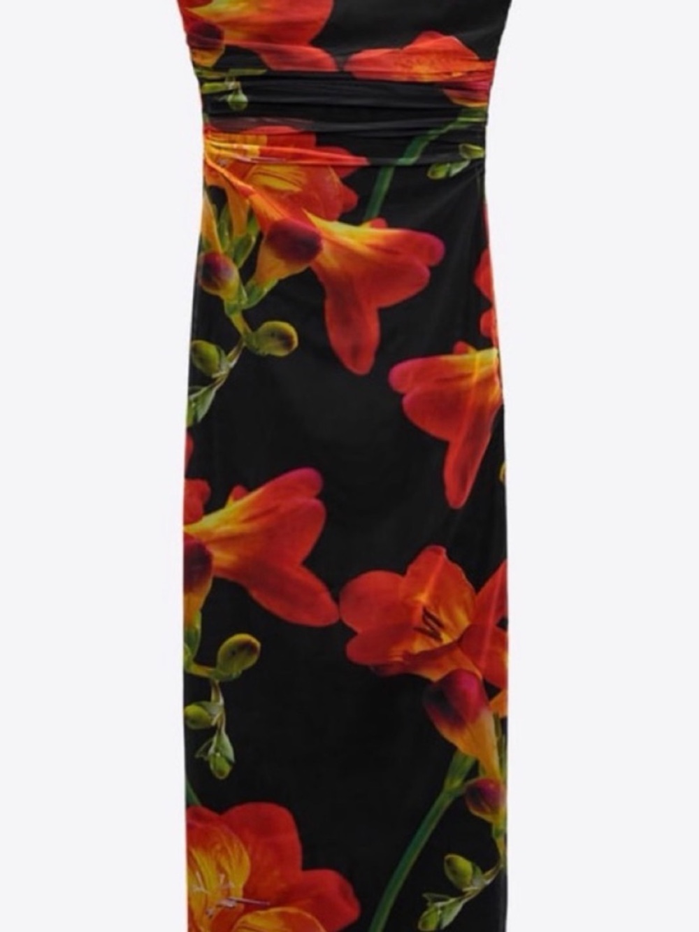 Floral Midi Dress in Black and Orange - Elegant Strapless Style